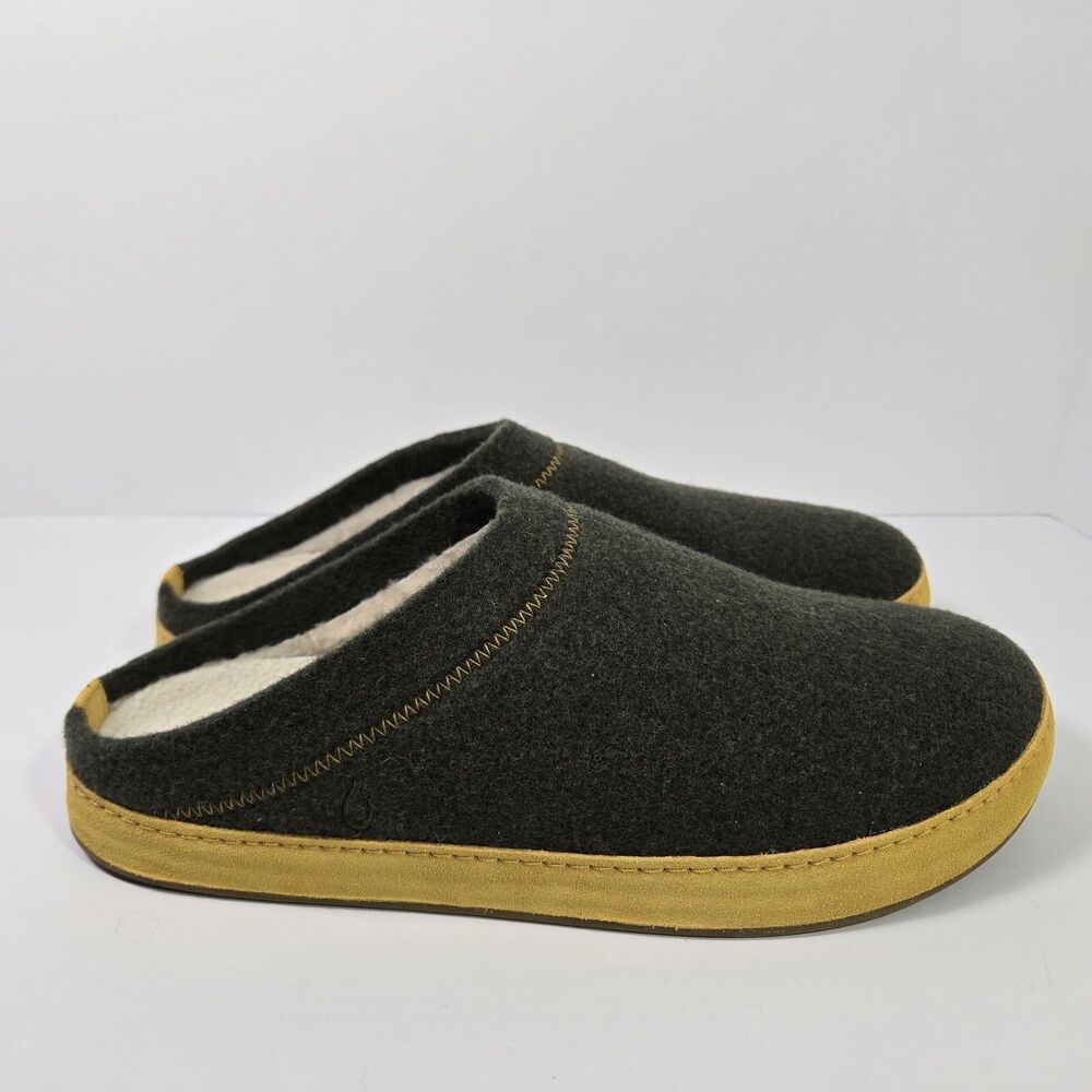 Olukai Hamani Hulu Mens Green Slip On Slippers Sandals Mens 11 Wool Sheep Fur